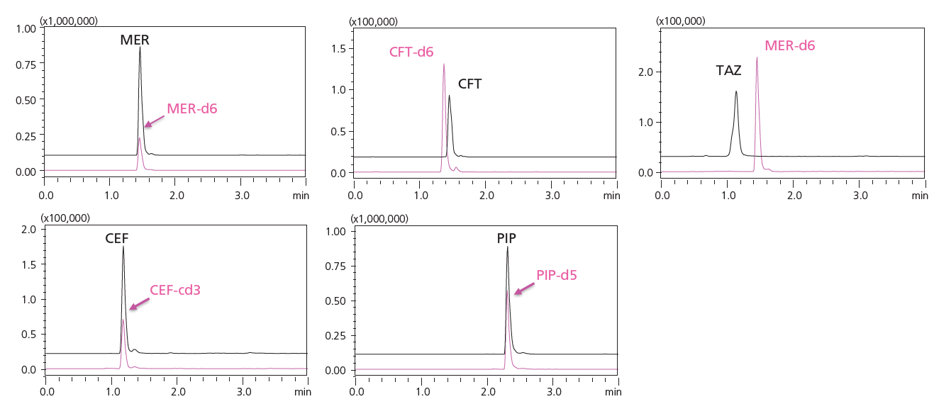 Chromatogramme von 5 ß-Laktamantibiotika und internen Standards