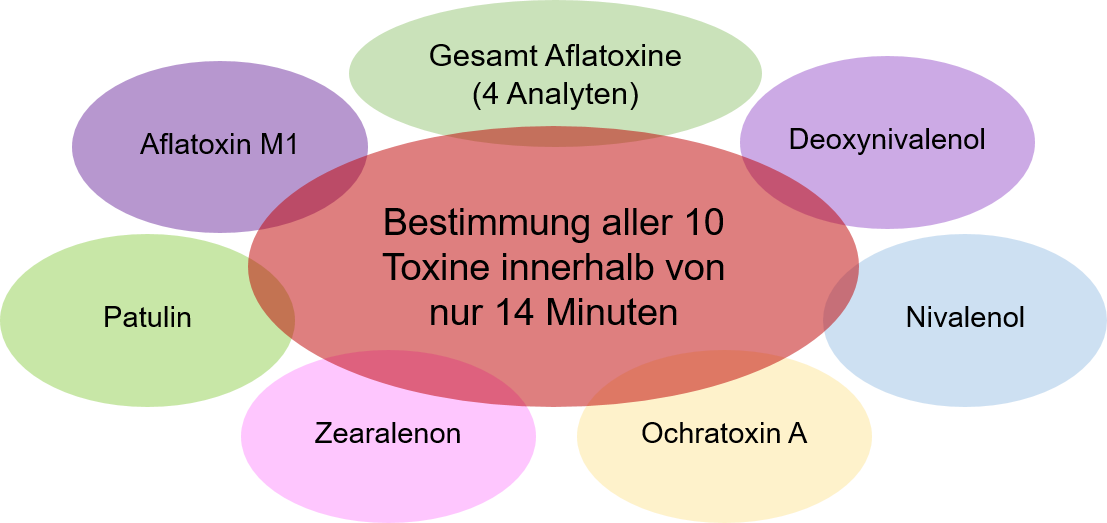 Mit der kompakten HPLC, dem Shimadzu i-Series Food Analyzer bestimmen sie alle 10 Toxine in nur 14 Minuten: Aflatoxine (4 Analyten), Aflatoxin M1, Patulin, Zearalenon, Ochratoxin A, Nivalenol, Deoxynivalenol